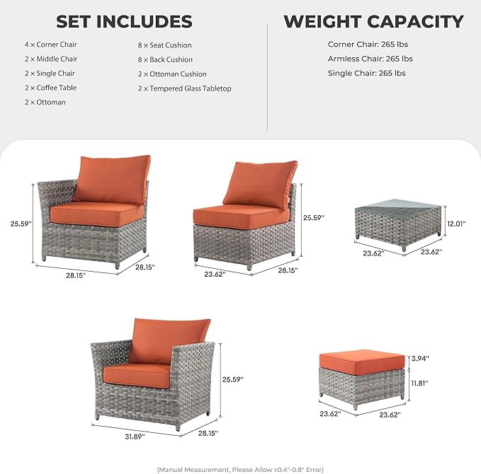 12 Pieces Outdoor Furniture Patio Sectional Sofa Couch Gray PE Wicker Conversation Sets with Ottomans Glass Coffee Table for Garden Poolside Backyard
