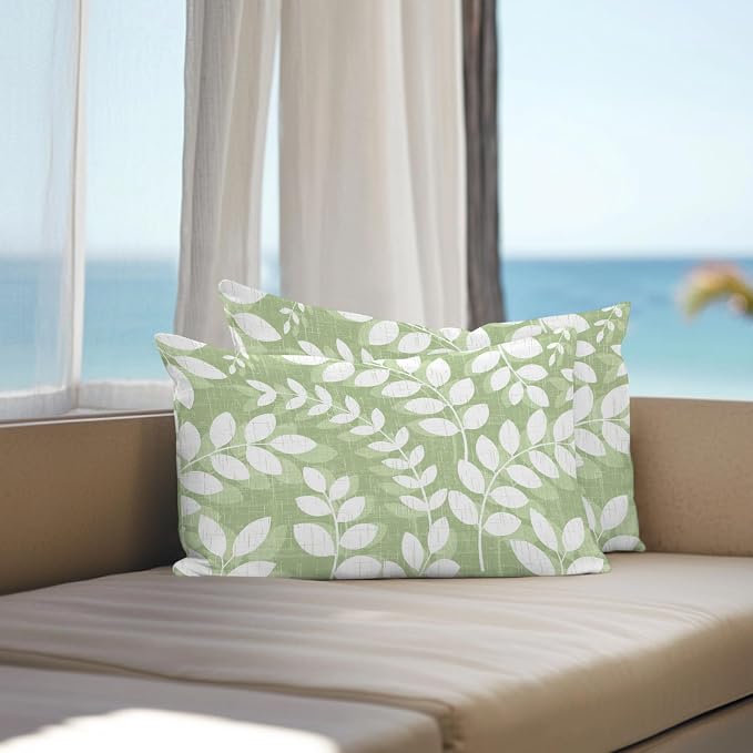 Olive Green Leaves Outdoor Waterproof Throw Pillow Covers 20x12 Set of 2, Farmhouse Botanical Branch Vintage Boho Decorative Pillowcases Cushion Pillowcase for Couch Sofa Patio Pillow Protector