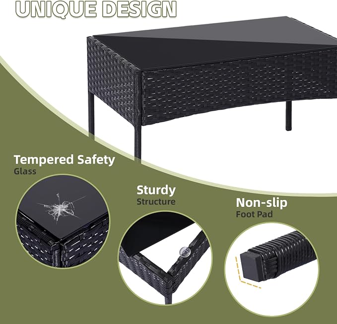 Patio Furniture Set 4 Pieces Conversation Sets Outdoor Wicker Rattan Chairs Garden Backyard Balcony Porch Poolside Loveseat with Soft Cushion and Tempered Glass Table(Black)