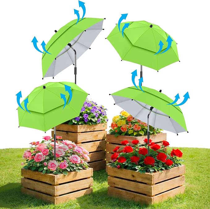4 Pack 24.9" Double Canopy 47.2" Height Plant Umbrellas for Outdoor Plants, 3D Stakes 360° Adjustable Plant Shades for Outdoor Plants, Garden