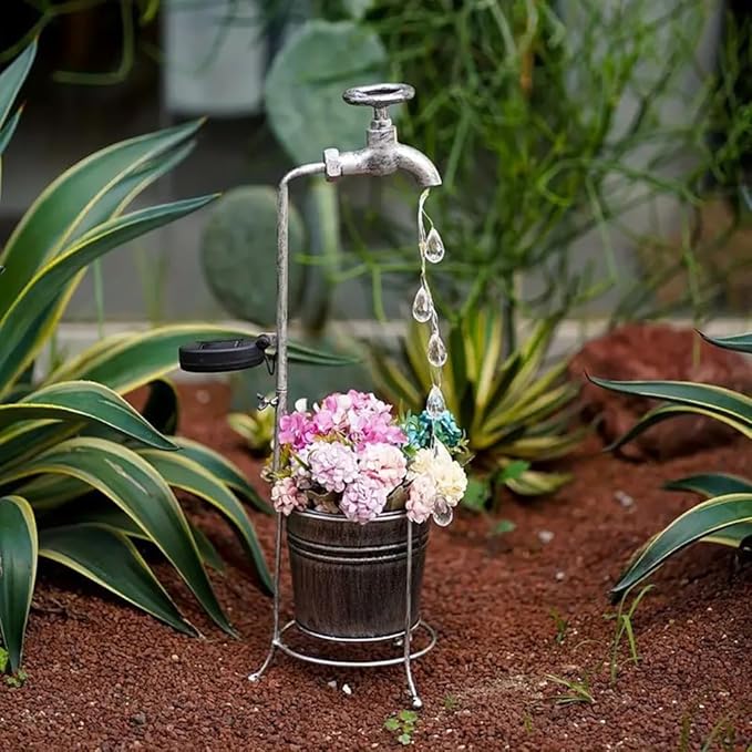 JIAJIAMEI Solar Water Faucet Bucket Lights Outdoor Garden Decor, Waterproof Vintage Decorations with LED Light for Yard Lawn Patio Pathway
