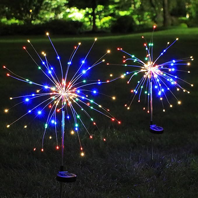 Solar Garden Firework Lights Outdoor Waterproof, 2 Pack 150 LED 8 Lighting Modes Sparklers Solar Twinkling Starburst Lights for Yard Flowerbed Pathway Fence Decorations, Multicolor, Copper Wire