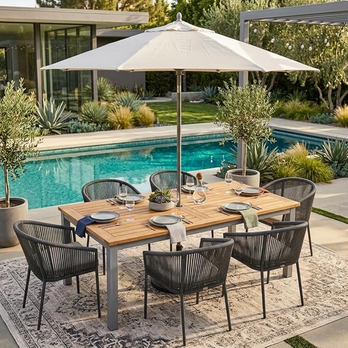 Hives & Honey Catalina Rectangular Outdoor Dining Table, Grade-A Teak Wood Patio Table with Aluminum Legs & Umbrella Hole, Seats 4–6, Grey