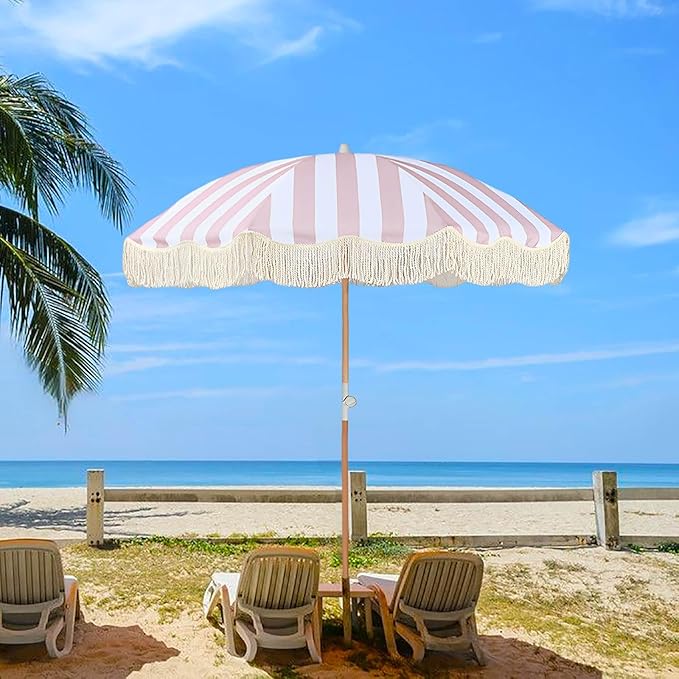 6ft Portable Beach Umbrellas For Sand Pink Striped Boho Fringe Umbrella Outdoor Patio Umbrella Tilt UV Protection Waterproof Pool Umbrella with Storage Bag Backyard Umbrellas For Patios Outside