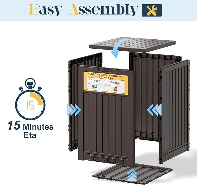 Package Delivery Box for Outside With Sign, Lockable Outdoor Storage Box Waterproof Deck Box, Large Double Wall Resin Parcel Drop Boxes, 48 Gallon, Classic Brown