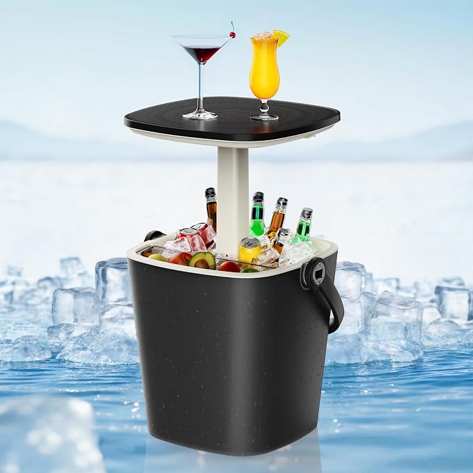 Outdoor Cool Bar Table with Adjustable Height,4-Gallon All-Weather Ice & Wine Cooler,Multi-Functional Patio Cocktail Station for Camping, Backyard & Parties