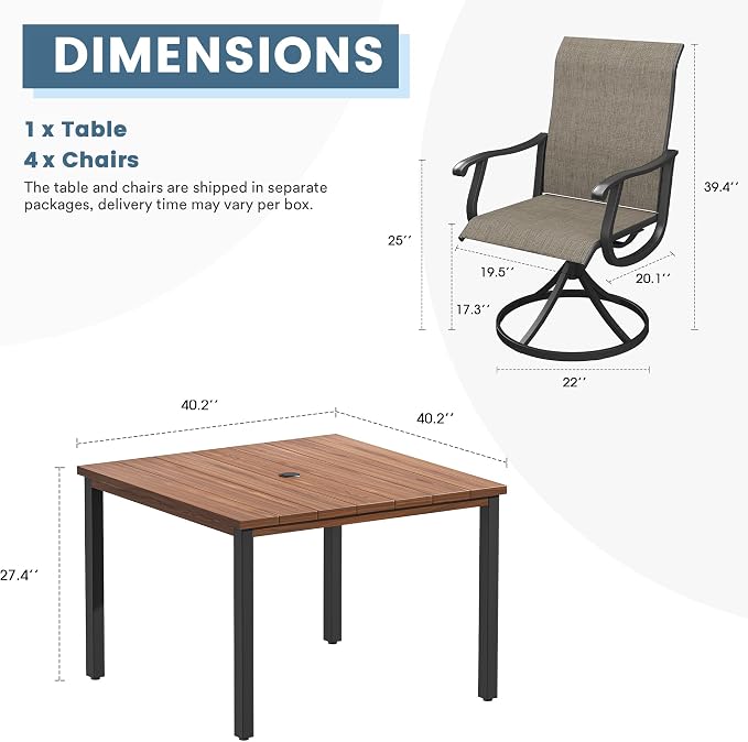 DIFY Patio Table and Chairs Set for 4, 5 Piece Outdoor Dining Set, 40.2" Walnut Square Metal Dining Table with Umbrella Hole and 4 Brown Textilene Swivel Patio Chairs, for Garden Backyard Deck