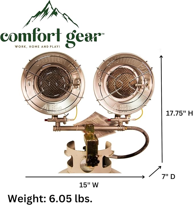 Comfort Gear Double Tank Top Portable Propane Radiant Heater, 30,000 BTUs, Instant Infrared Heat, for Jobsite/Garage/Workspace, Up to 48 Hrs on 20 lb Tank, Outdoor Use Only