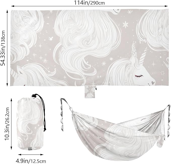 Delicate Cartoon Unicorns Light Gray 330lb Capacity Hammocks for Camping with Tree Straps Rope Hammock for Outside Patio Backyard Poolside Base de hamaca para adultos