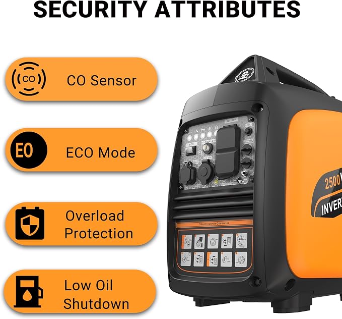 2500W Portable Inverter Generator, Super Quiet Long Runtime Gas Generator for Home Use, with CO Sensor, Parallel Capable, for Camping, RV, Tailgating, Emergency Backup, EPA Compliant (Orange)
