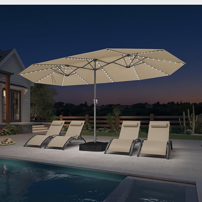 PURPLE LEAF 15ft Double-Sided Patio Umbrella with Base and Solar Lights Outdoor Market Umbrella with Crank Handle Rectangle Umbrella for Backyard Pool Garden Deck, Khaki