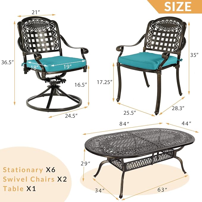 9-Piece Patio Dining Set, Outdoor Patio Table and Chair Set of 84” Oval Cast Aluminum Dining Table with Umbrella Hole, 6 Stationary, 2 Swivel Rocker Chairs, Patio Funiture Set, Blue