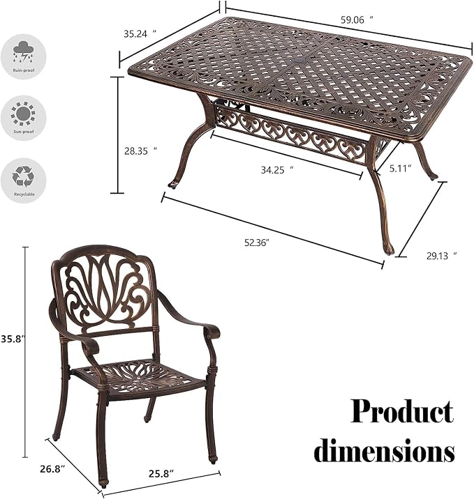 Grepatio 7 Piece Cast Aluminum Patio Dining Set, Outdoor Dining Furniture Set, Patio Table with Umbrella Hole and 6 Dining Chairs Set for Poolside Garden (Without Cushions)