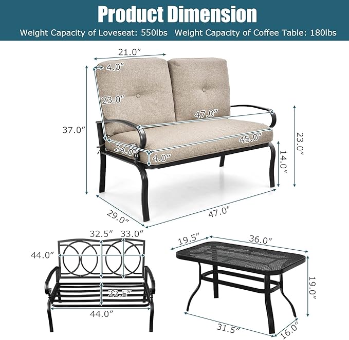 Tangkula Patio Loveseat with Table Set, 2 Seat Cushioned Sofa with Coffee Table, Patio Conversation Sofa Set with Rustproof Frame, 2 Pieces Outdoor Furniture Set for Garden, Poolside, Balcony (Beige)