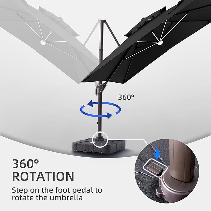9 X 12 FT Cantilever Patio Umbrella with Led Lights and Base Included Heavy Duty Outdoor Double Top Large Rectangle Offset Umbrellas with 360-degree Rotation for Garden Pool Deck Backyard, Black