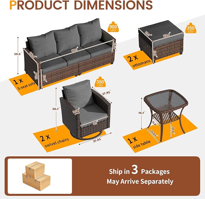 UDPATIO Patio Furniture Set, 6 Pieces Outdoor Sectional Couch with Swivel Rocking Chair, Brown Wicker Rattan Conversation Sofa, 4" Thick Cushion for Garden Backyard Deck, Dark Grey