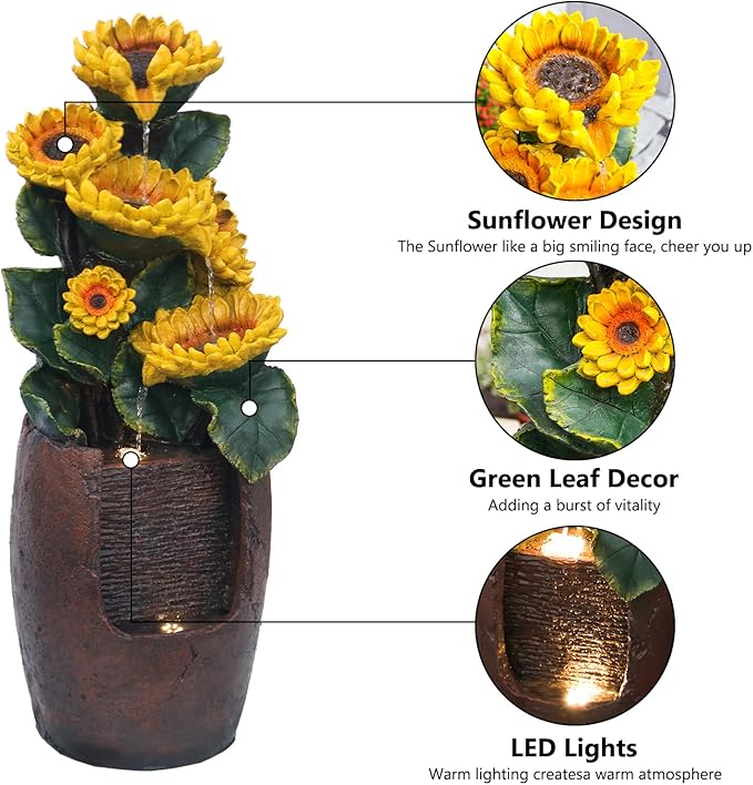 YZM Outdoor Fountains and Waterfalls Cascading Sunflower Fountain 4-Tiers Outdoor Freestanding Water Fountain Garden Patio Backyard Porch Balcony Pond Décor for Outside 39.76 Inch Tall