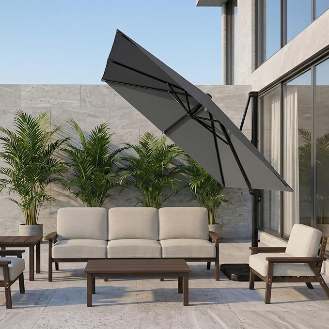 10'×10' Patio Umbrella, Aluminum Cantilever Umbrella with 360°Rotation, Offset Patio Umbrella with Easy Tilt Fade Resistance for Pool Deck Backyard, Charcoal (Base not Included)