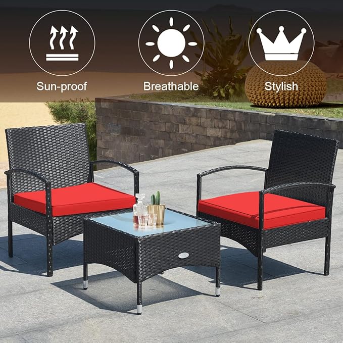 Tangkula 3 Pieces Patio Wicker Rattan Furniture Set, Rattan Chair with Coffee Table, High Load Bearing Chair Conversation Sets for Patio Garden Lawn Backyard Pool