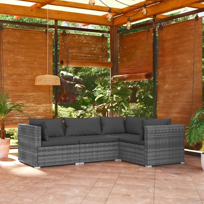 4 Piece Patio Lounge Set with CushionsOutdoor Dining Chairs,Patio Furniture Set,Outdoor Sectional Sofa,Patio Conversation Seat,Outdoor Seating,Modern Style,for Garden,Backyard, Poly Rattan Gray
