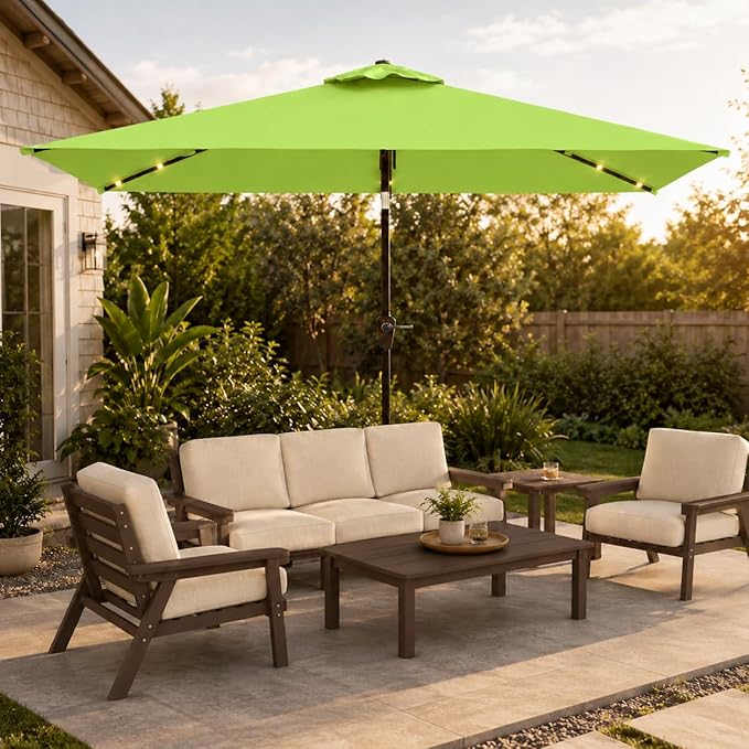 6.5 x 10ft Rectangular Patio Umbrella with Solar Lights, 16 LED Lighted Market Umbrella with Push-Button Tilt and Crank, 6 Sturdy Iron Ribs for Garden, Deck, Pool, Apple Green