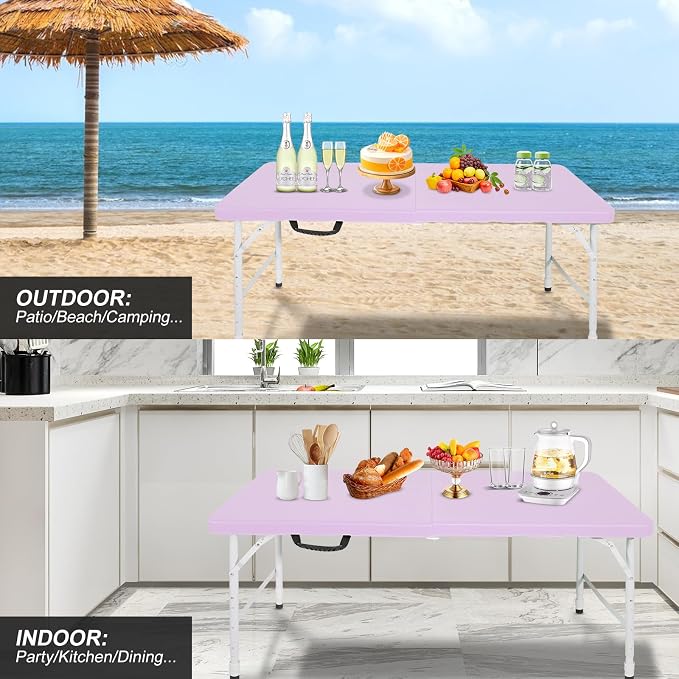 Portable Plastic Folding Table 4ft/6ft/8ft Heavy Duty White Black Picnic Dining Table Fold-in-Half for Camp Party Kitchen Indoor Outdoor