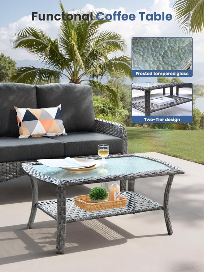 2-Piece Outdoor Patio Furniture Set with Coffee Table, Outdoor Conversation Wicker Sofa with Thickened Cushions, Rattan Couch for Deck Yard Poolside, Black