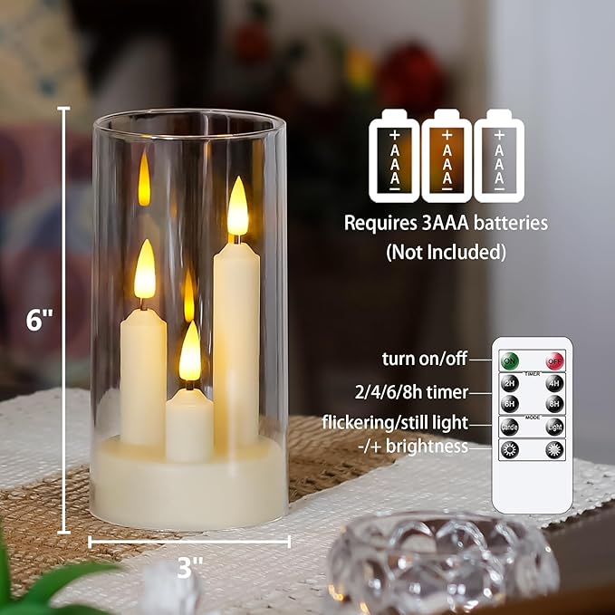 3 in 1 Flameless Taper Short Candles with 10 Key Remote Control and Timer, Battery Operated Pack of 2 LED Acrylic 3" x6" White Pillar Flickering Warm Light
