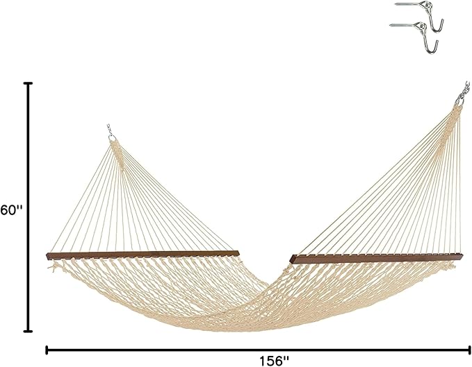 Nags Head Hammocks Admiral Oatmeal DuraCord Rope Hammock – 13 ft. x 60 in., 2-Person, 450 lb Capacity, Cumaru Spreader Bar, Free Chains & Tree Hooks, Handcrafted in The USA