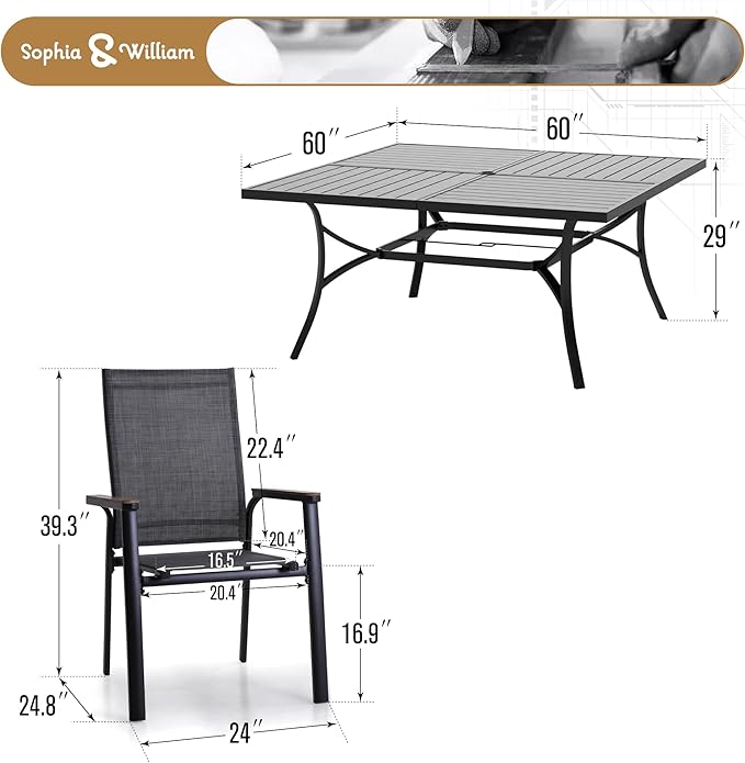 Sophia & William Patio Dining Set for 8, Lightweight Aluminum Outdoor Dining Chairs and Large Square Metal Table, Stackable Chairs and Easy to Move for Lawn Garden Yard (Grey)