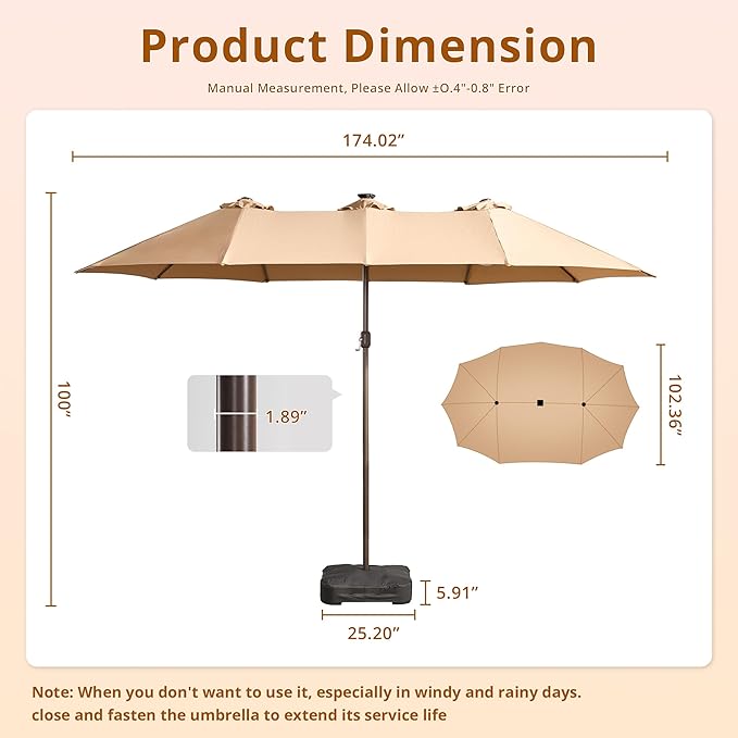 15ft Patio Umbrella with Base Included, Rectangle Double Patio Umbrellas with Crank Handle 12 Ribs, Heavy Duty Large Table Umbrella for Pool Deck Garden Party Commercial