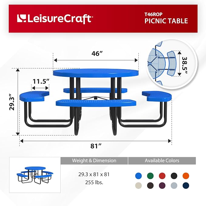 Leisure Craft Metal Picnic Table with Bench - 46" Round Outdoor Dining Table for 8 with Umbrella Hole, Weatherproof Heavy Duty Thermoplastic Coating, Commercial Grade Furniture Made in USA - Blue
