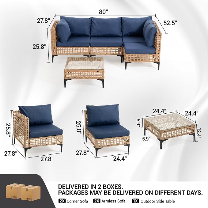 5-Piece Outdoor Wicker Patio Sectional Furniture Set, Dark Blue | 4-Seat, PE rattan, All weather performance, Patio onversation set, for Backyard Porch Poolside Deck