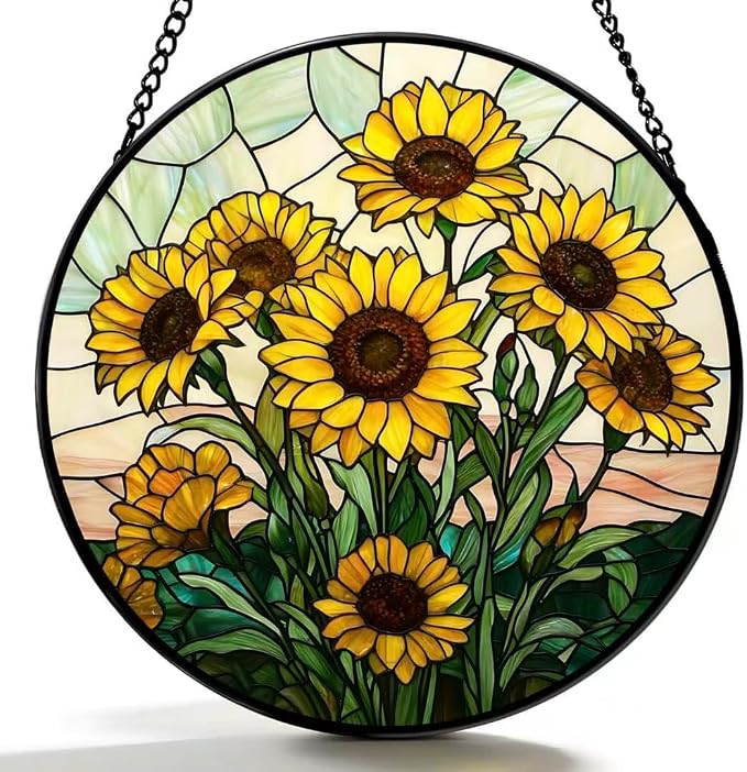 Stained Glass Window Hanging - Sunflowers Pattern 6.3 Inches Suncatcher for Garden Home Decor for Women Mon Grandma Friends