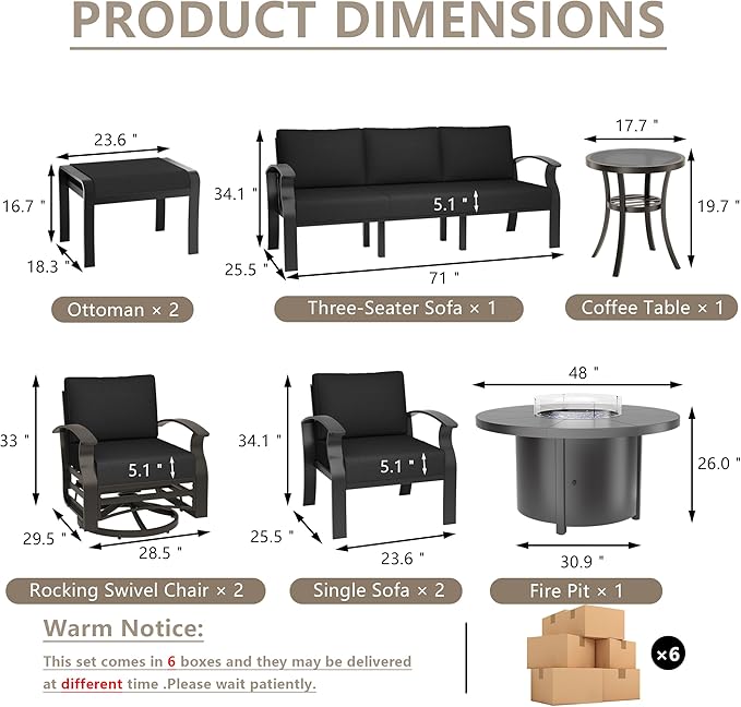 ALAULM Aluminum Patio Furniture Set with Round Propane Fire Pit Table 9-seat Metal Outdoor Furniture w/Swivel Chairs & 2 Ottomans Patio Sectional Sofas for Porch, Lawn, Poolside（Black