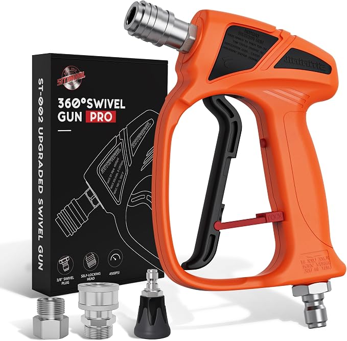 SITIMIMIL® Short Pressure Washer Gun Swivel Pro, Tangle-Free, Power Washer Gun with Self-Locking Spout Design, 3/8" QC Plug to M22-14/15mm (Brass, Stainless Steel, Orange Black)