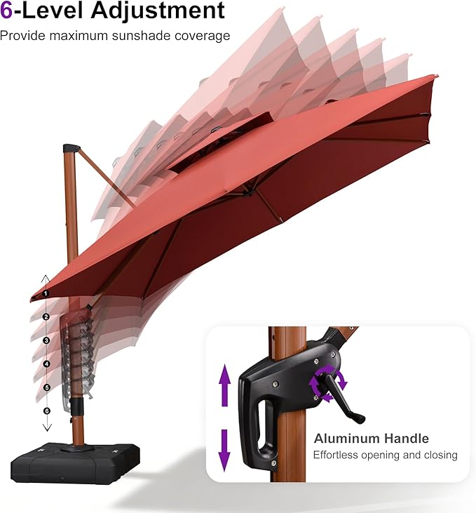 PURPLE LEAF 9' X 12' Double Top Deluxe Wood Pattern Rectangle Patio Umbrella with Base Offset Hanging Umbrella Outdoor Market Umbrella Garden Umbrella, Brick Red