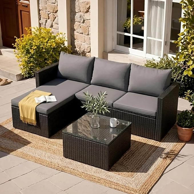 JAMFLY 3-Piece Outdoor Sectional Sofa Set with Glass Coffee Table, All-Weather PE Wicker Patio Furniture with Thick Cushions, Modular Conversation Set for Small Balcony, Deck & Porch, Grey