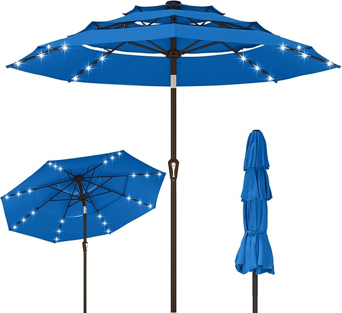 Kingdura 9ft 3-Tier Patio Umbrella with Solar Lights, Table Umbrella Outdoor Patio with Easy Crank & Tilt, 8 Sturdy Ribs, UV Protection, 32 LED Lights for Deck, Poolside, Market (Royal blue)