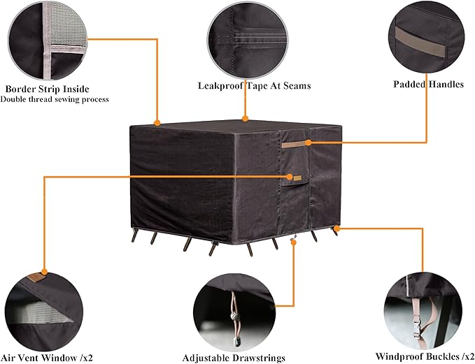 Heavy Duty Waterproof Patio Furniture Covers UV Resistant Rectangular Outdoor Table and Chair Covers 111"Wx 74"D x 28"H Dark Grey