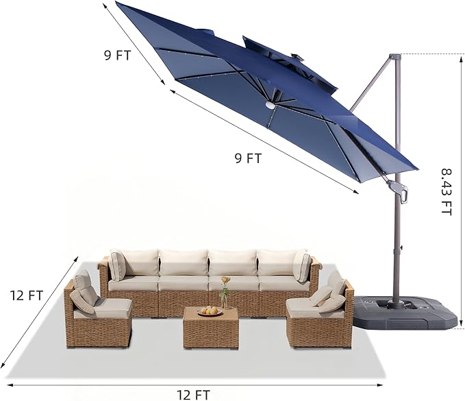JZAC & QZYD 9x9 FT Outdoor Cantilever Patio Umbrella with Base Included and Solar LED Lights, Large Heavy Duty 2-Tier Square Aluminum Offset Umbrellas with 360-Degree Rotation for Pool Deck, Navy