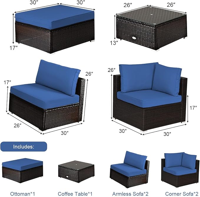 COSTWAY 6-Piece Outdoor Patio Furniture Set, Rattan Sectional Sofa Set with Tempered Glass Coffee Table, Cushions and Ottoman for Garden, Deck, Backyard (Navy)