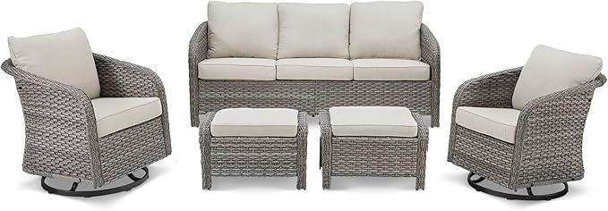 Belord 5 Pieces Patio Furniture Sets - All Weather Outdoor Swivel Rocker Patio Chairs with 3-Seat Sofa and Multifunctional Ottomans, Outdoor Conversation Set for Porch Balcony Yard Grey/Beige