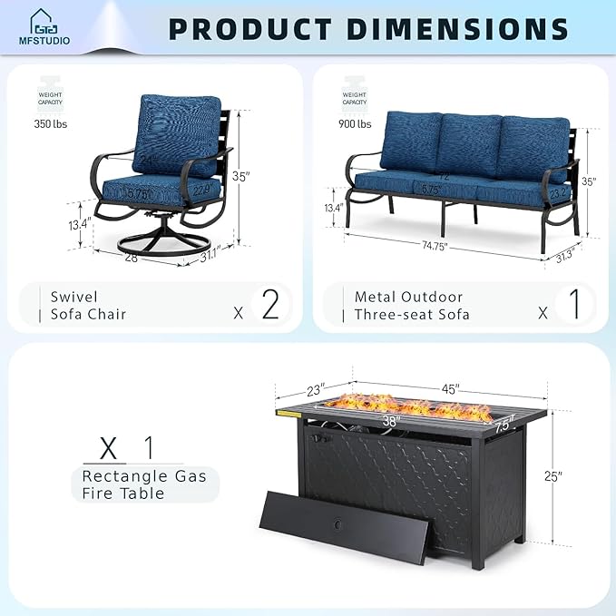 MFSTUDIO 4 Piece Patio Conversation Sets, All Weather Metal Frame Outdoor Furniture Set Patio Sofas with 1 x 45 Rectangular Fire Pit Table,1 x 3-Seat Sofa, 2 x Swivel Chairs, Peacock Blue Cushion