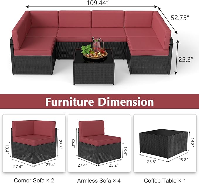 7-Piece Outdoor Patio Furniture Set, Patio Conversation Set, Patio Sectional Sofa Set with Coffee Table & Cushion for Backyard, Balcony, Garden, No-Slip, PE Wicker, Wine Red/Brown