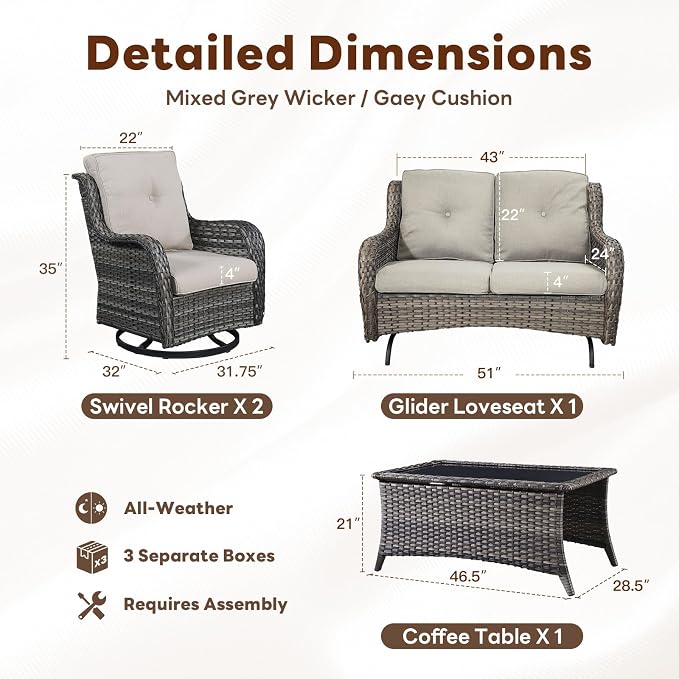 Belord 4 Piece Patio Wicker Furniture Set, Outdoor Swivel Rocker Chairs, All Weather Outdoor Patio Loveseat with Cushion and Coffee Table for Deck Porch, Gray Wicker/Gray