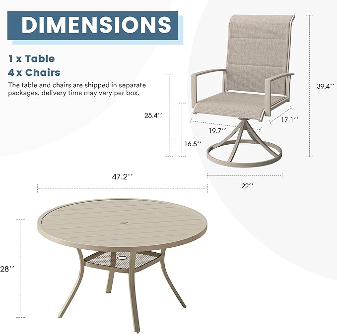 DIFY 5 Piece Outdoor Patio Dining Set for 4, 47.2" Round Metal Dining Table and Swivel Patio Chairs with Padded Textilene, All-Weather Outdoor Furniture Set for Garden Backyard Porch, Sandshell