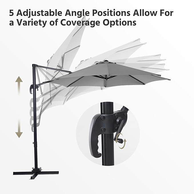 LAUSAINT HOME 10FT Round Outdoor Cantilever Umbrella, Offset Patio Umbrella with 360° Rotation & 5-Angle Adjustment, Aluminum Pool Umbrella for Garden Deck,Grey