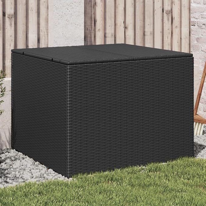 Wicker Outdoor Deck Box, 76.9 Gal Outdoor Storage Box with Lid, PE Rattan Storage Container for Pillows, Cushions, Gardening Tools, 31.5"x29.5"x23.2" Black