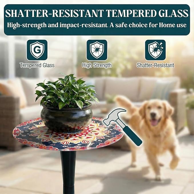 13.4" Outdoor Side Table, Round Patio Bistro Table Printed Tempered Glass Top, Waterproof Rust-Proof Base, Small Plant Stand for Balcony, Garden, Deck, 21.6" H (Ochre Color)